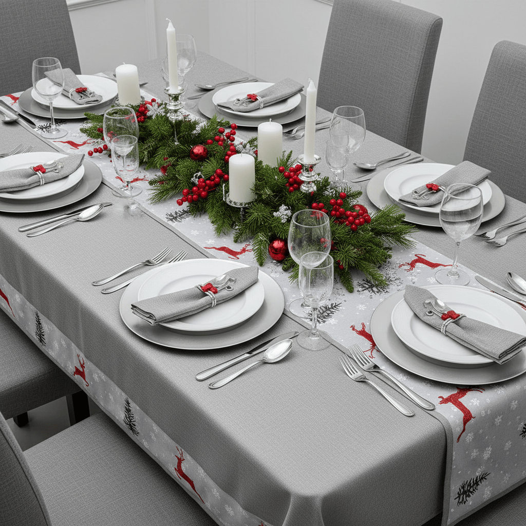 Dining table set for Christmas with gray tablecloth, white plates, silverware, and decorative candles. With additional Table runner not available.