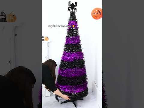6ft Pop Up Pre-Lit Halloween Tree Tinsel Spider Topper Decoration LED