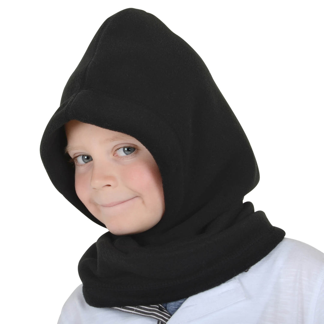Child wearing a black polar fleece hood against a white background