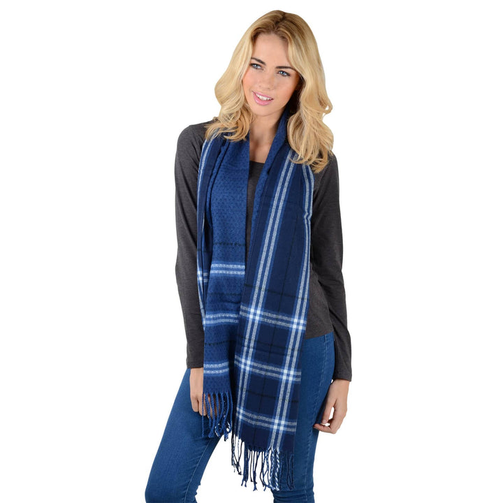 Bulk Pack of 12 Harris Scarf Soft Woven Plaid Check Fringe Blue