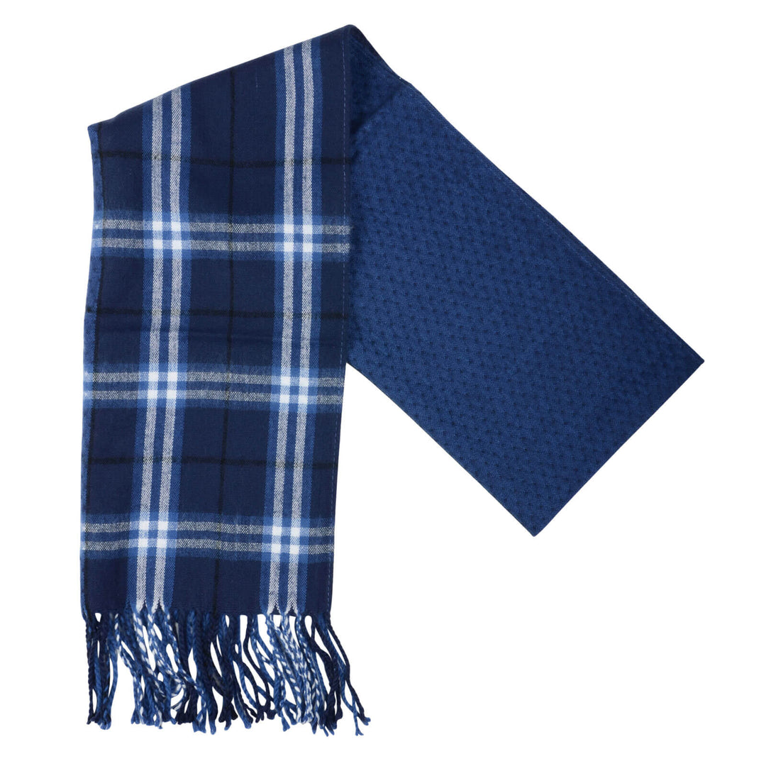 Dark blue and white plaid pattern scarf on a white background