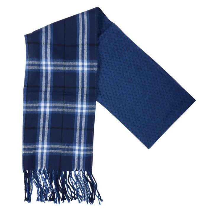 Dark blue and white plaid pattern scarf on a white background
