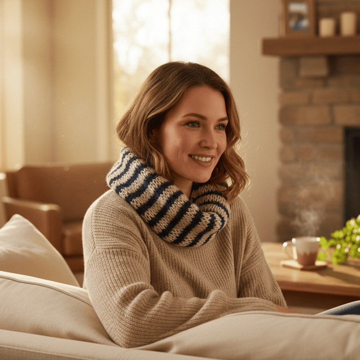 Woman sitting on a couch in a cosy living room with a fireplace, wearing beige knit jumper and snood