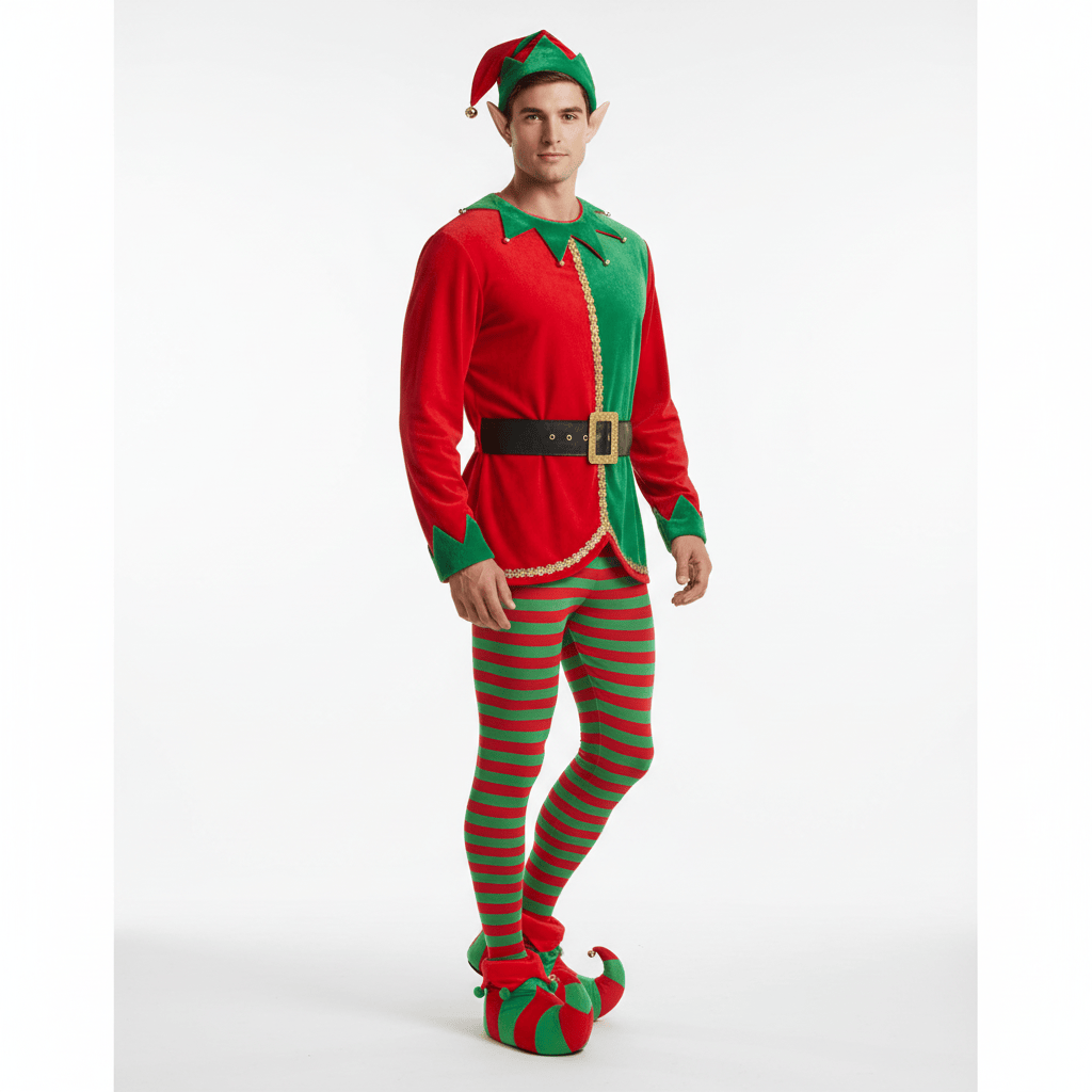 Person wearing a red and green elf costume on a white background