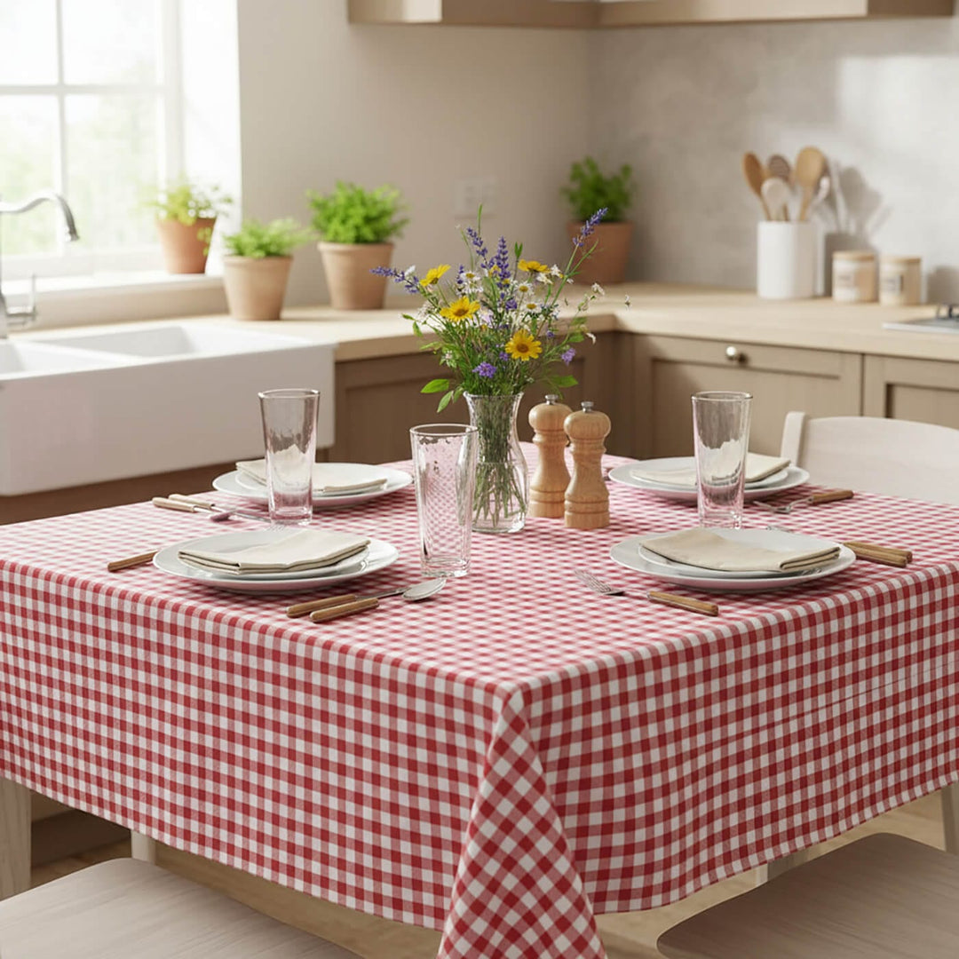 Dining table set with a red and white checkered tablecloth in a kitchen.