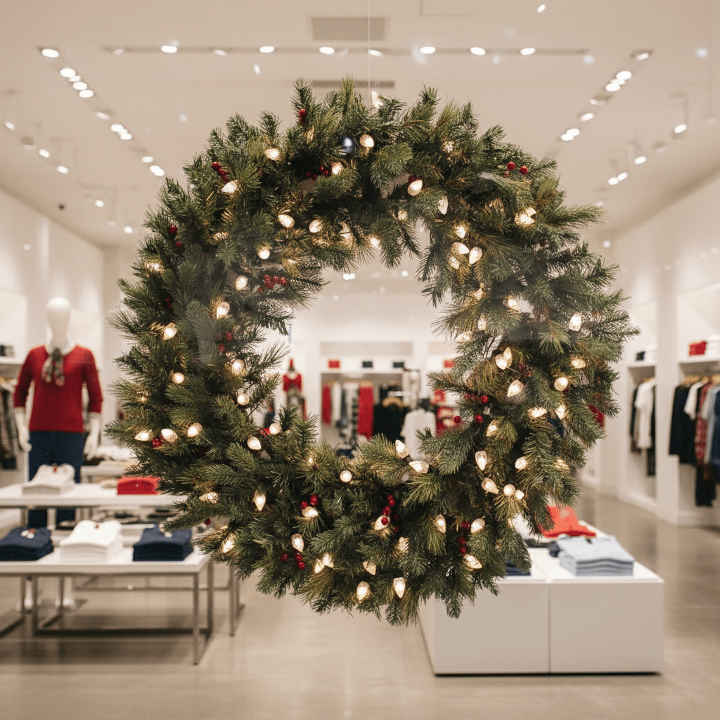 Decorative Christmas wreath with lights in a store setting