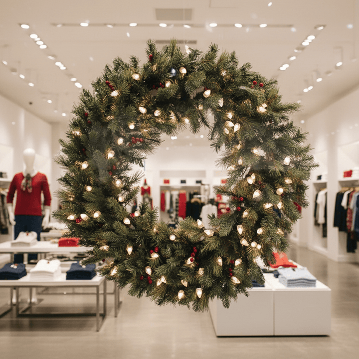 Decorative Christmas wreath with lights in a store setting