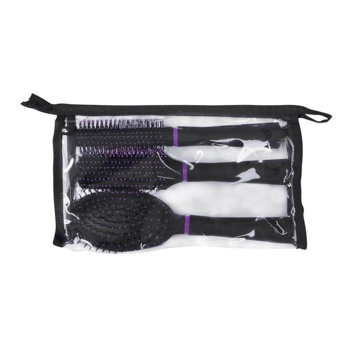 Set of hairbrushes in a clear pouch with a black zipper on a white background