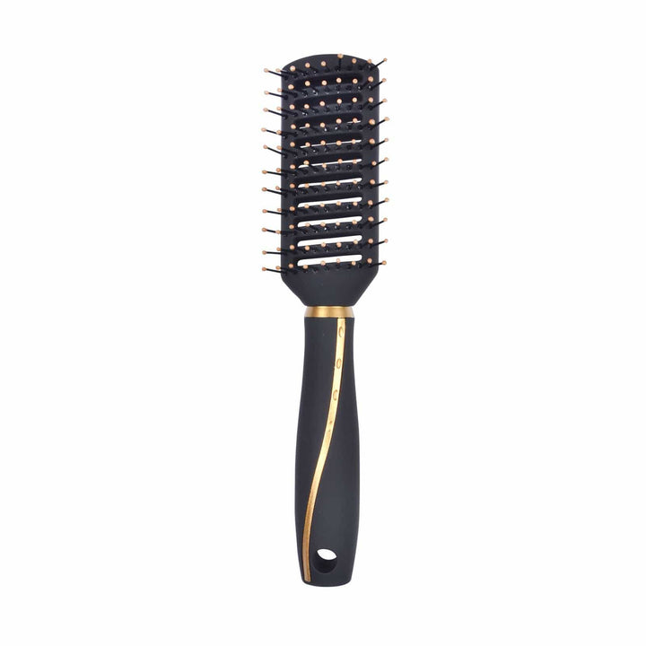 Vented black hair brush with gold detailing on a white background