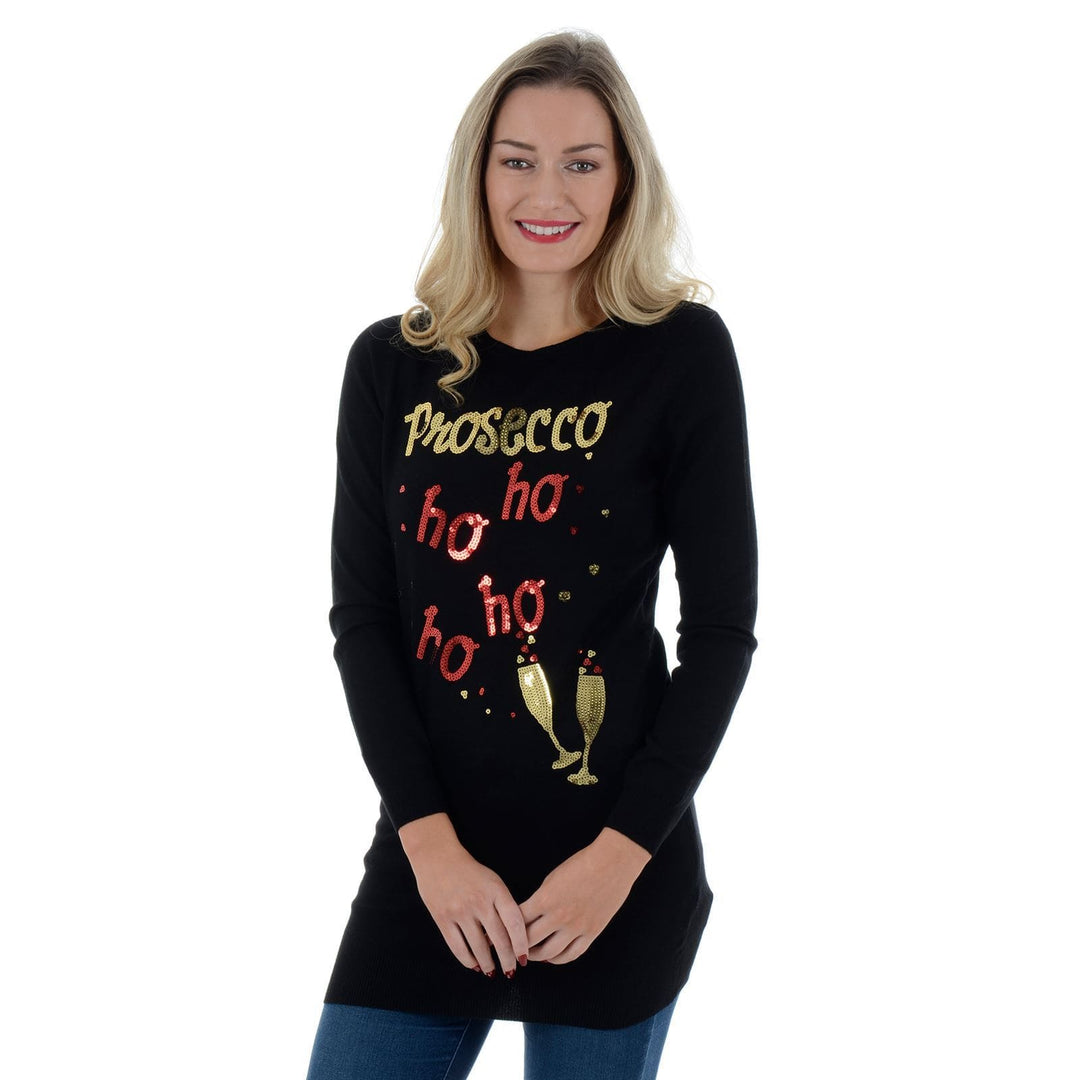 Womens Novelty Sequin Prosecco HO HO HO Tunic Christmas Jumper Black / 8