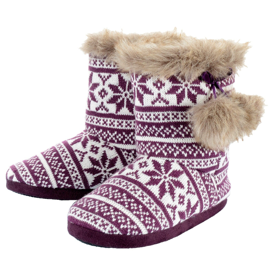 Womens Slipper Boots Fair Isle Nordic Faux Fur Pom Poms Purple / 3