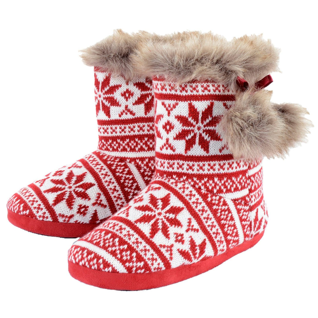 Womens Slipper Boots Fair Isle Nordic Faux Fur Pom Poms Red / 3