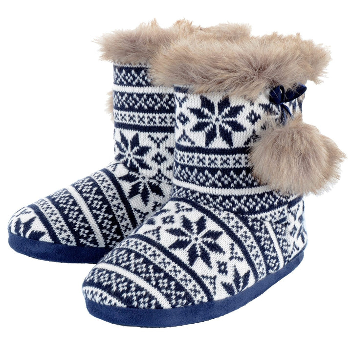 Womens Slipper Boots Fair Isle Nordic Faux Fur Pom Poms Navy / 3