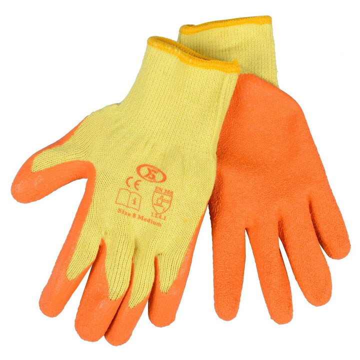 12 Pairs Workwear DIY Builders Gardening Latex Rubber Coated Work Gloves Orange / Medium (Size 8)