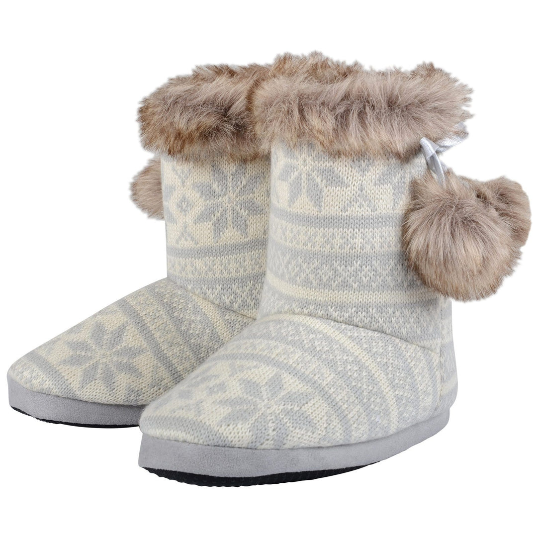 Womens Slipper Boots Fair Isle Nordic Faux Fur Pom Poms Grey / 3