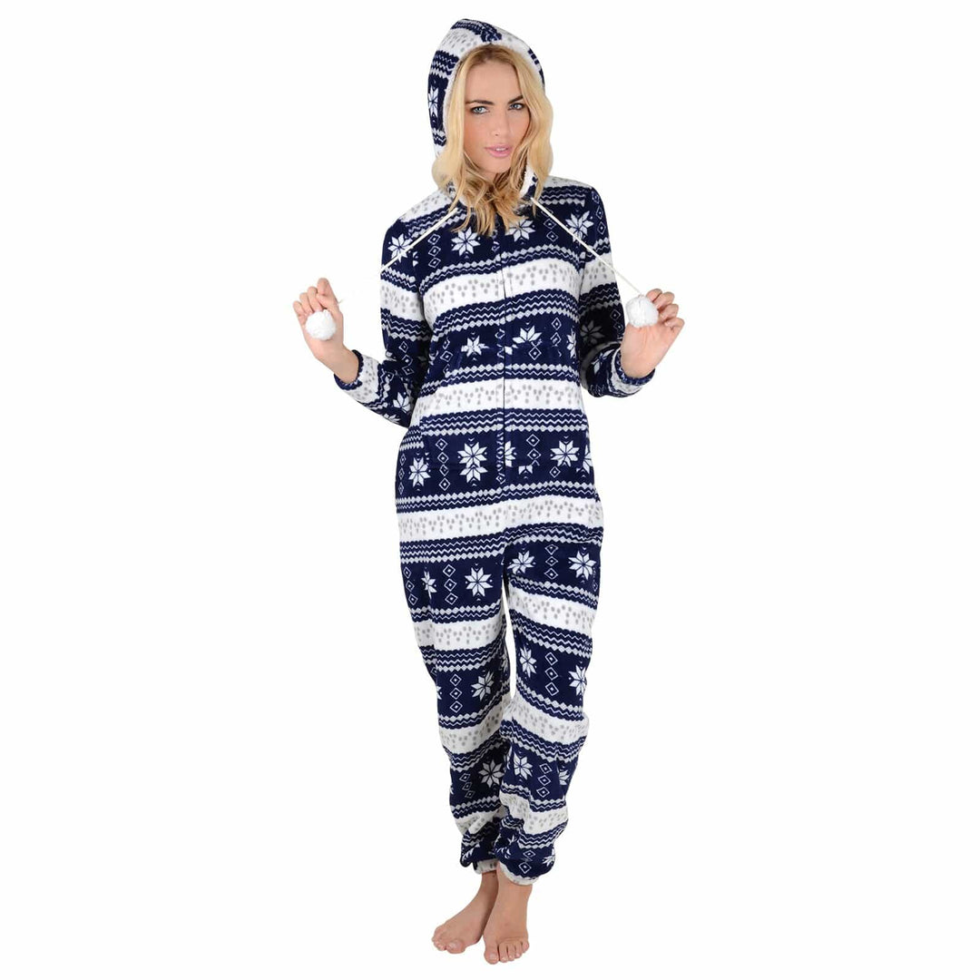 Womens Snowflake Hooded Fleece All In One Pyjamas Nightwear Navy / S