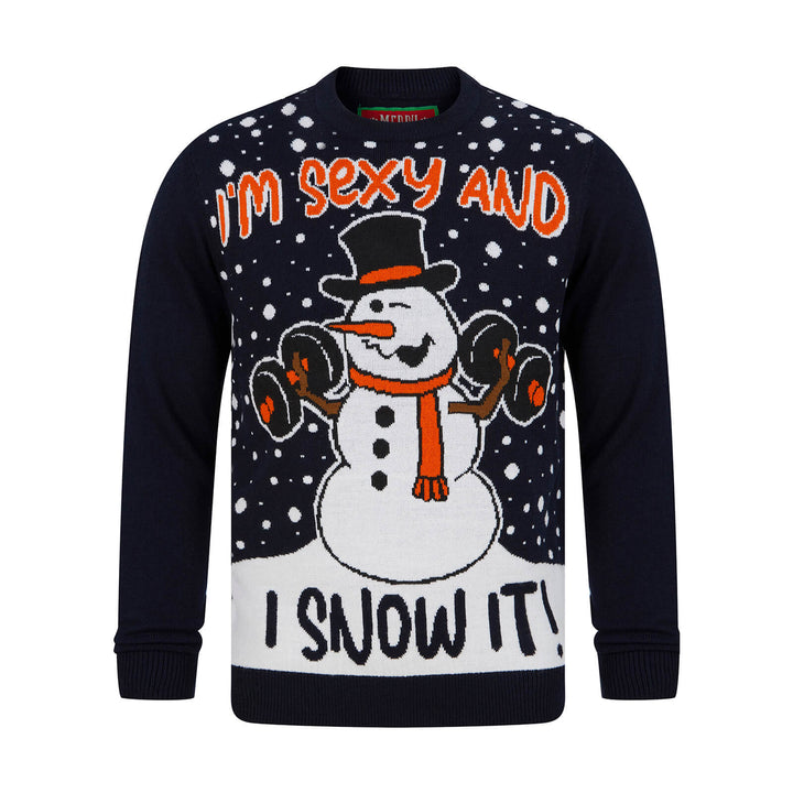 Mens Dumbell Snowman Sexy & I Snow It Christmas Jumper Ink / S