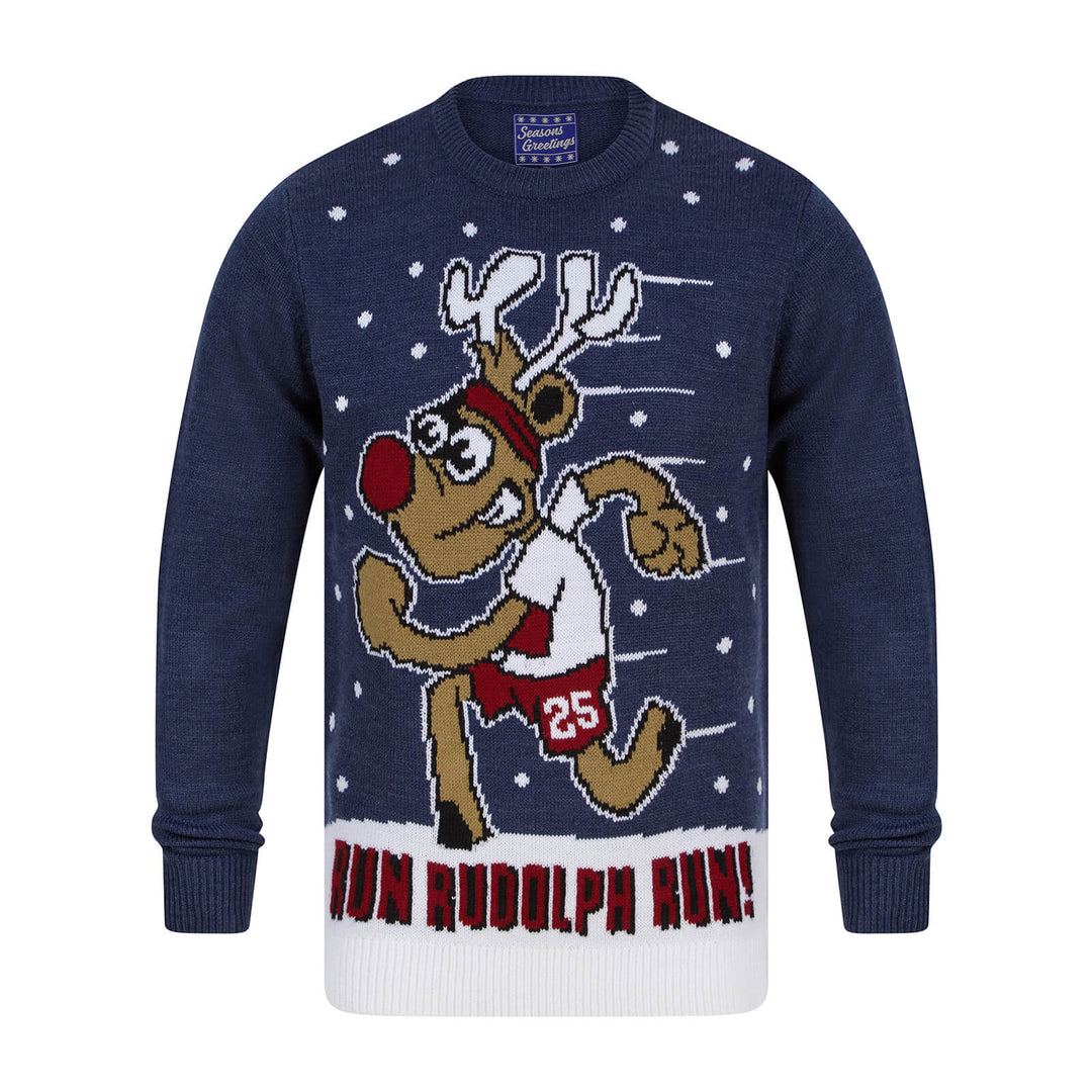 Mens Running Reindeer Run Rudolph Run Christmas Jumper Denim Marl / S