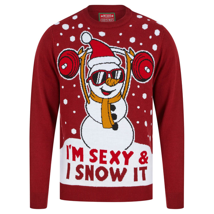 Mens Weightlifting Snowman Sexy & I Snow It Christmas Jumper Red / S