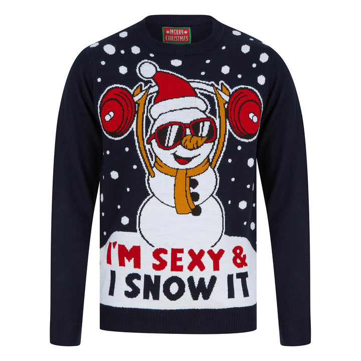 Mens Weightlifting Snowman Sexy & I Snow It Christmas Jumper Ink / S