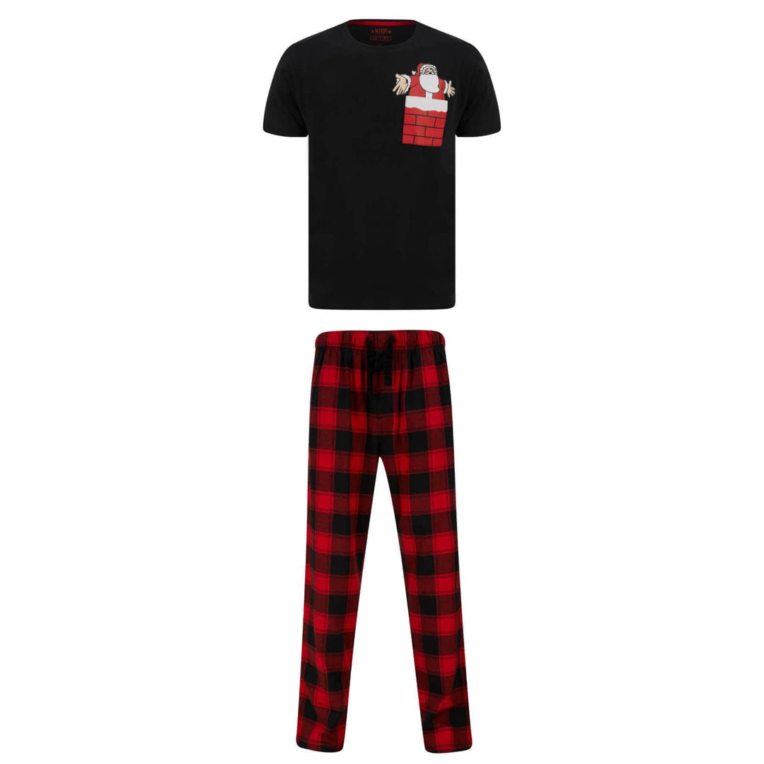 Mens Christmas Pyjama Set Santa Chimney Pocket/Check Bottoms Black/Red / S