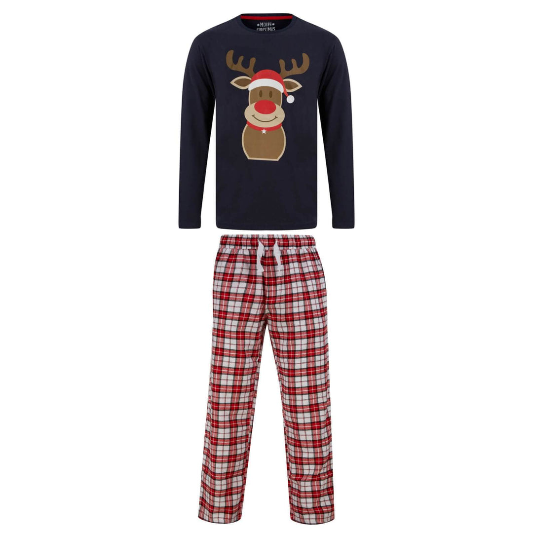 Mens Christmas Pyjama Set Rudolph Print/Check Bottoms Navy/Red / S