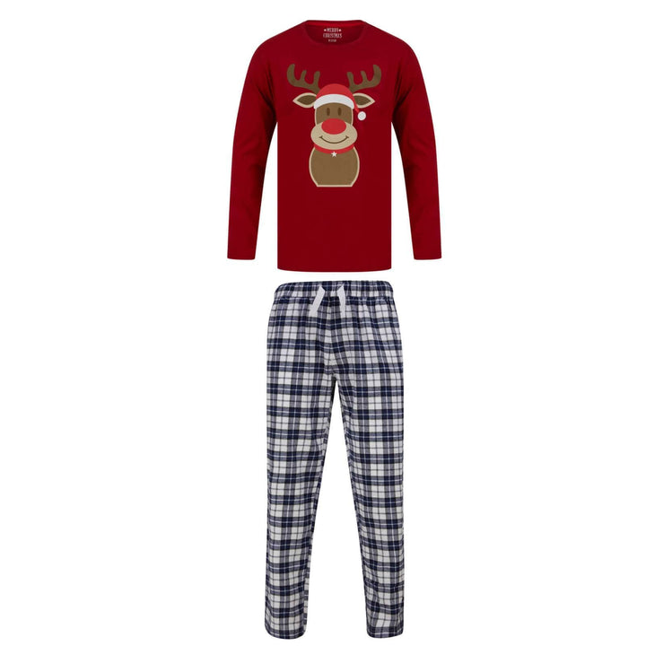 Mens Christmas Pyjama Set Rudolph Print/Check Bottoms Red/Navy / S