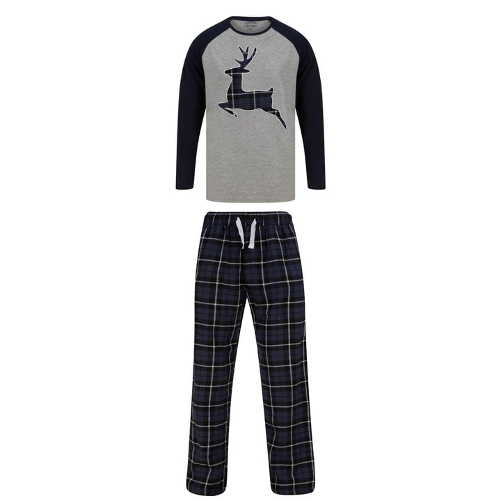 Mens Christmas Pyjama Set Reindeer/Stag Check Bottoms Grey/Navy / S