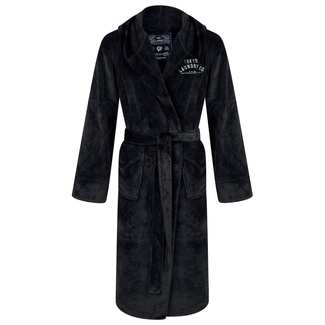 Mens Tokyo Laundry Hooded Soft Fleece Dressing Gown Robe M / Black