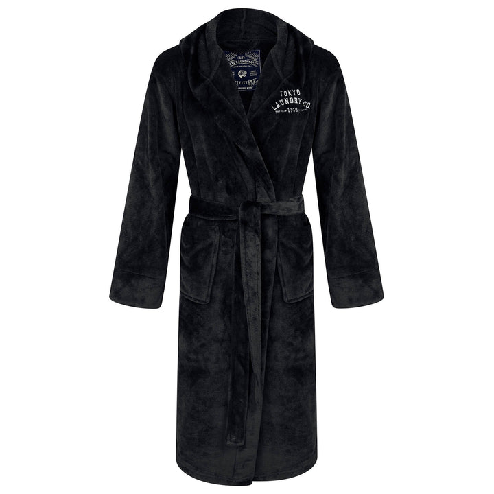 Mens Tokyo Laundry Hooded Soft Fleece Dressing Gown Robe M / Black