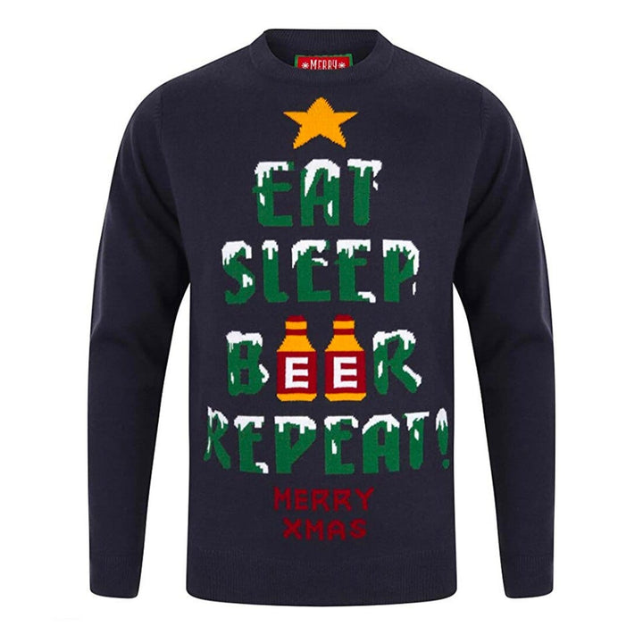 Mens Novelty Christmas Jumper Xmas Eat Sleep Beer Repeat Eclipse Blue / S