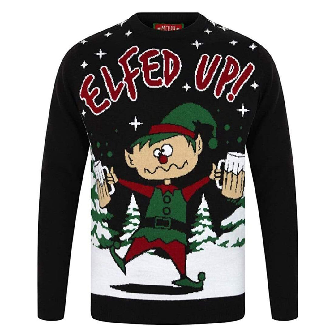 Mens Novelty Christmas Jumper Elfed Up Naughty Booze Elf Jet Black / S