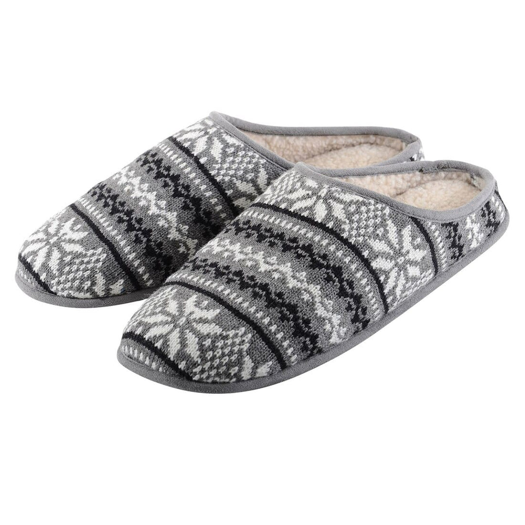 Mens Fairisle Mule Slippers With Faux Sheepskin Lining Grey / Size 7