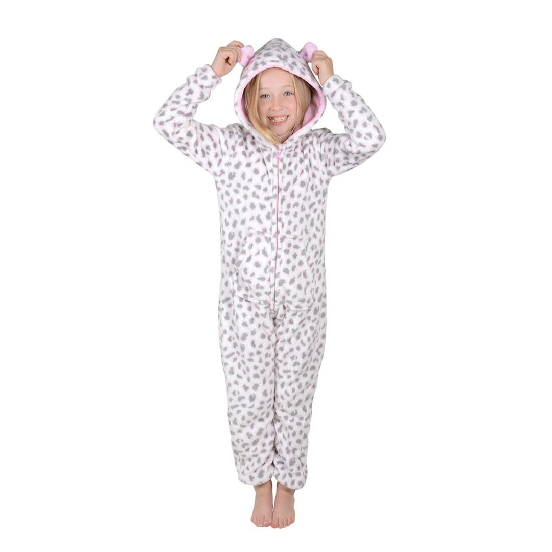 Girls Leopard Print Hooded Fleece All In One Pyjamas PJs Pink Leopard / 4-5 Years