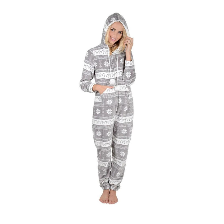 Womens Snowflake Hooded Fleece All In One Pyjamas Nightwear Grey / S