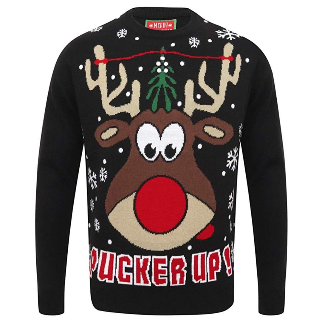 Mens Novelty Christmas Jumper Pucker Up Mistletoe Reindeer Black / S