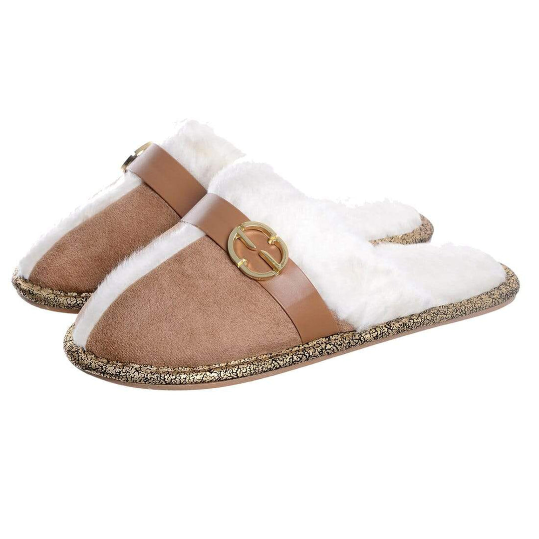 Womens Elle Slip On Mule Slippers With Faux Fur Lining Chestnut / 3-4