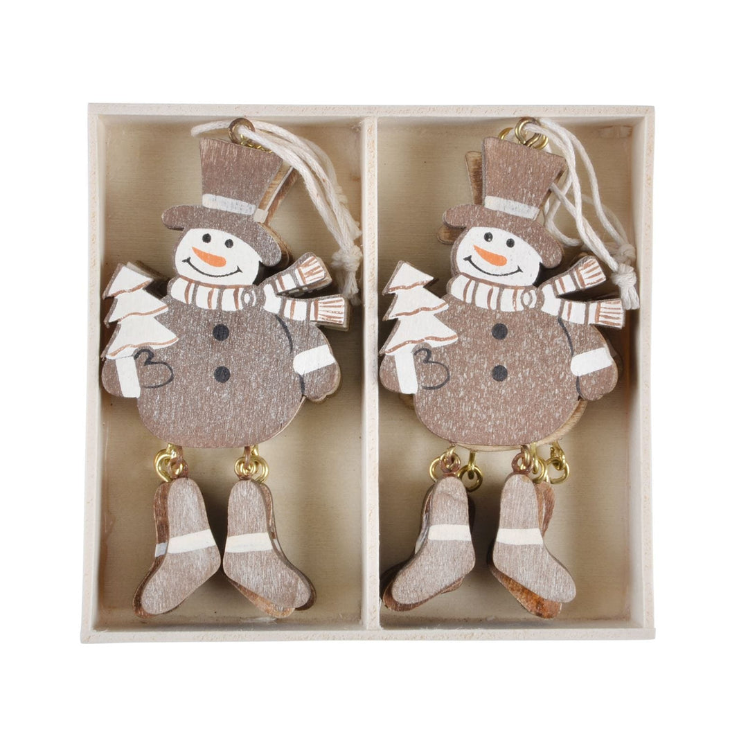 Set Of 6 Novelty Christmas Wooden Tree Decorations Boxed Snowman Legs