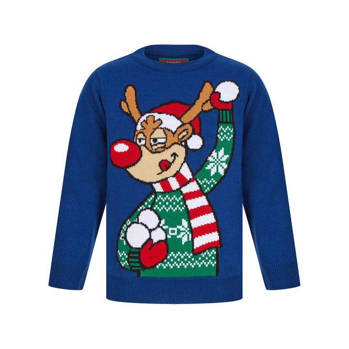 Kids Reindeer Throwing Snowballs Christmas Jumper Sapphire Blue / 4-5