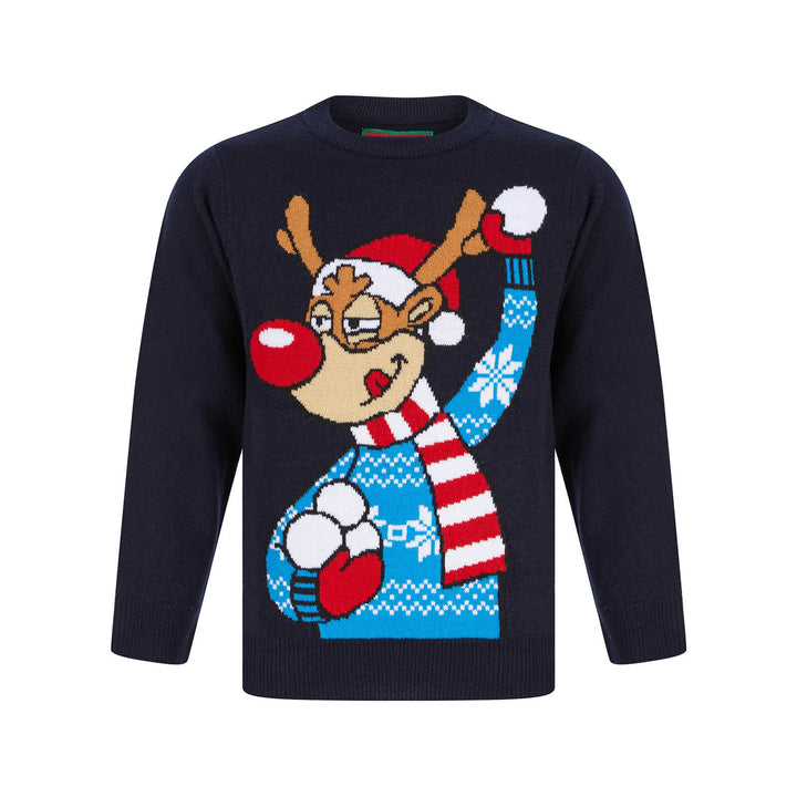 Kids Reindeer Throwing Snowballs Christmas Jumper Ink / 4-5