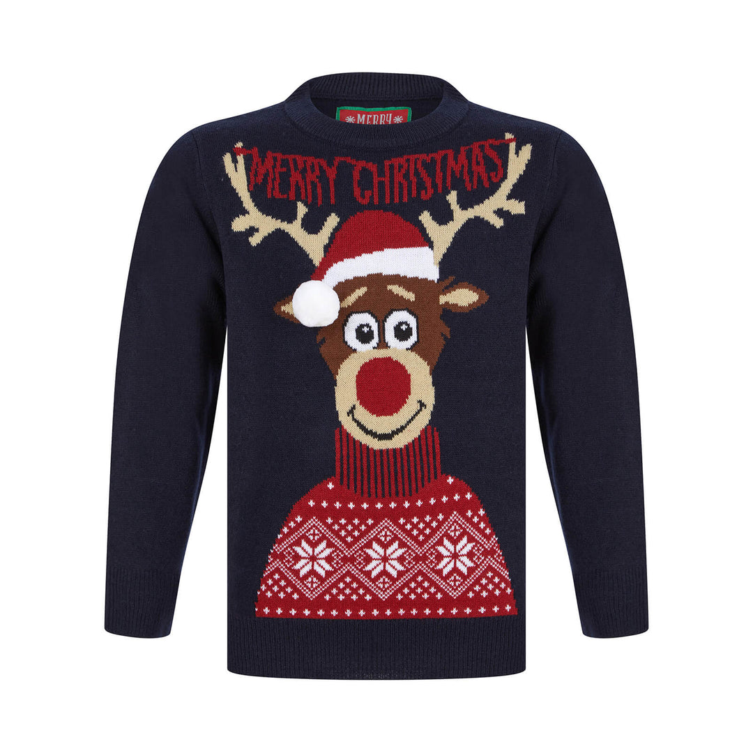 Kids Merry Christmas Antlers Reindeer Xmas Jumper Ink / 4-5