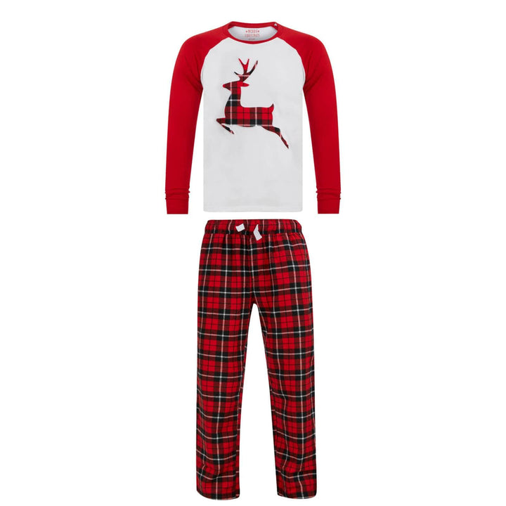 Womens Christmas Pyjama Set Reindeer/Stag Check Bottoms Red/White / S