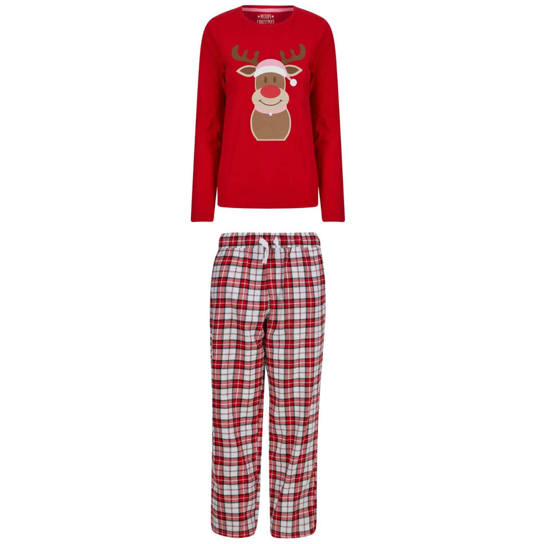 Womens Christmas Pyjama Set Rudolph Print/Check Bottoms Red/White / S