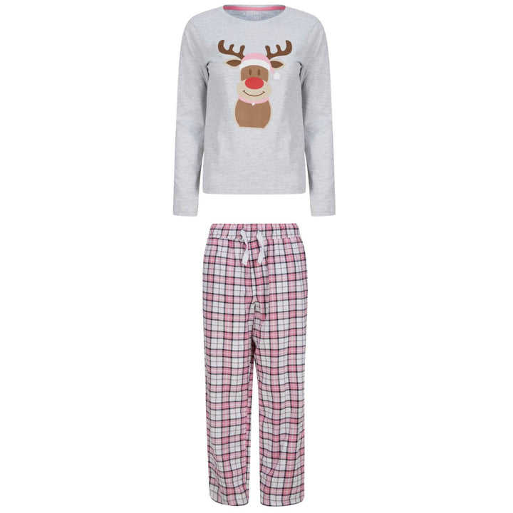 Womens Christmas Pyjama Set Rudolph Print/Check Bottoms Grey/Pink / S