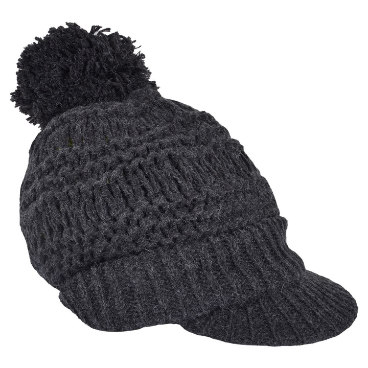 Womens Chunky Knit Willow Hat With Peak &amp; Pom Pom Bobble