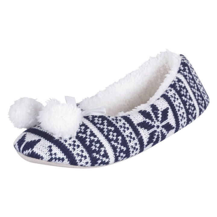 Womens Fair Isle Knit Ballet Slippers Pom Poms Fleece