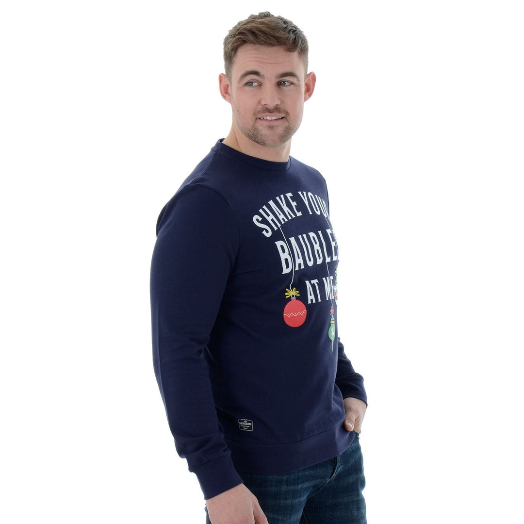 Mens Novelty Christmas Jumper Sweatshirt Shake Your Baubles At Me Navy / L