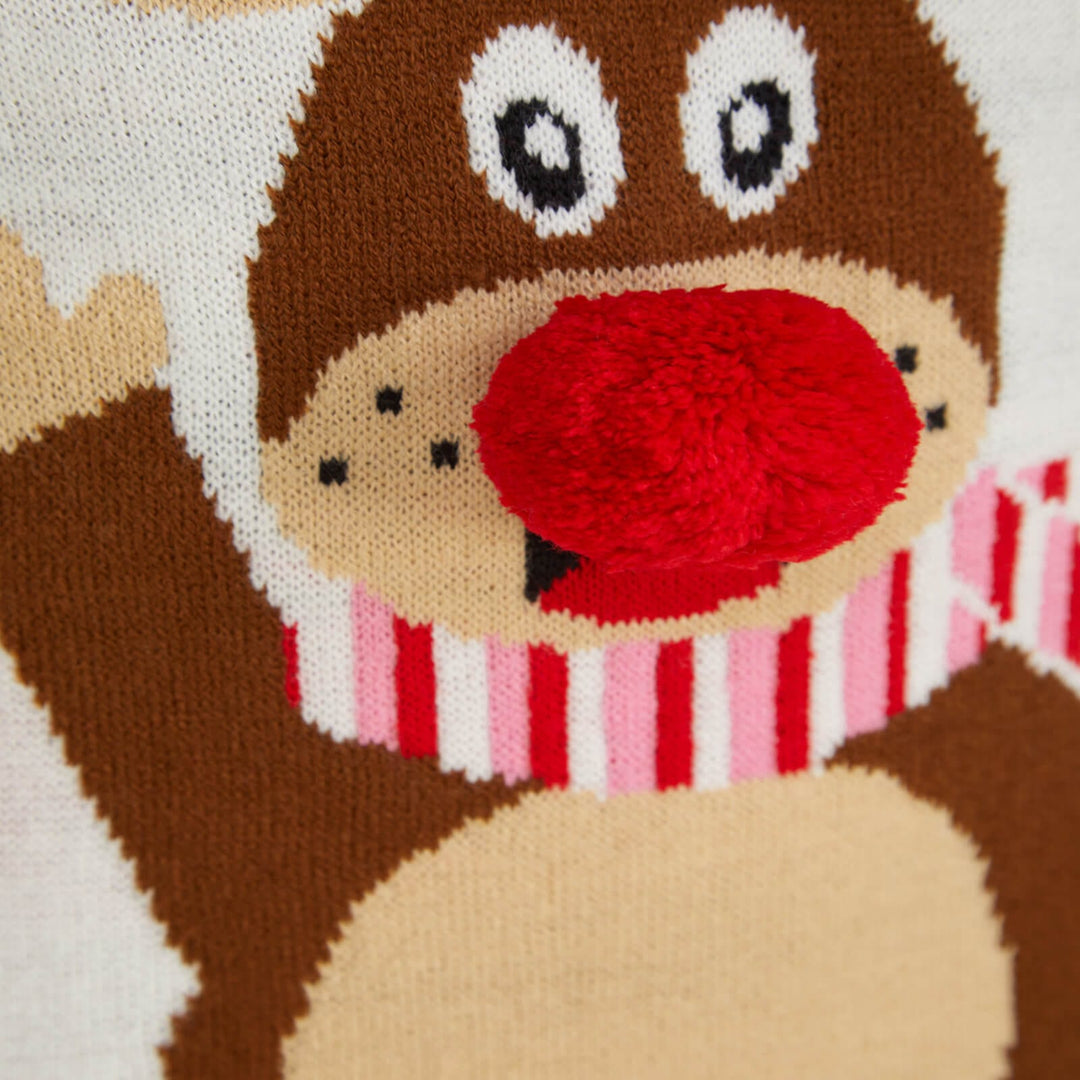 Kids Waving Reindeer Pom Pom Nose Christmas Jumper