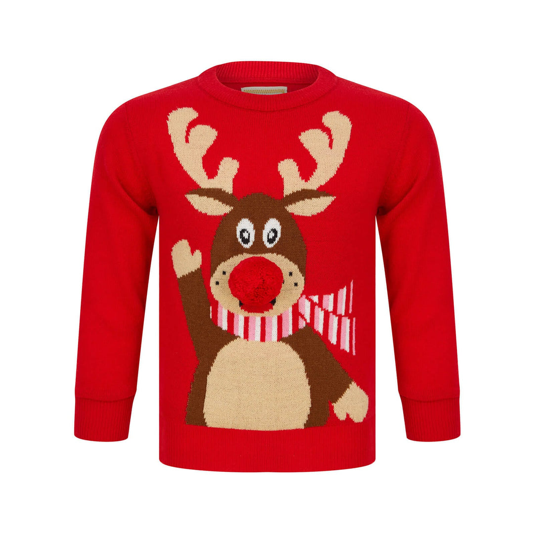 Kids Waving Reindeer Pom Pom Nose Christmas Jumper Red / 4-5