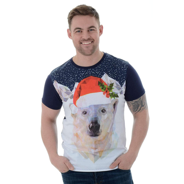 Mens Novelty Cotton Polar Bear Christmas T-Shirt Tee Navy / L